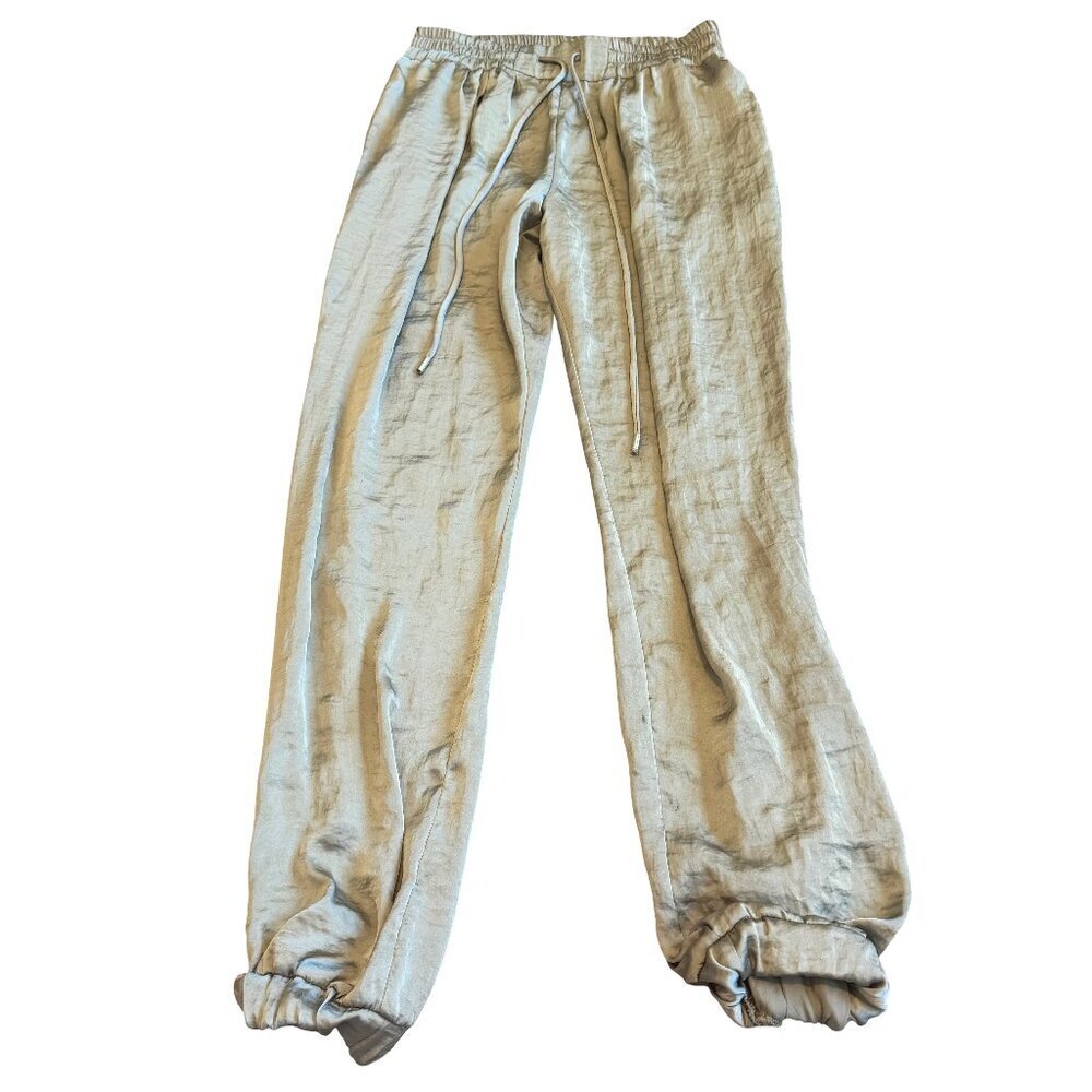 Zara Green Satin Pull-On Slacks Pants Cropped Jogger Flowy Size XS Women's